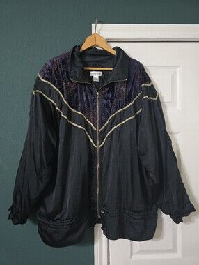 Vintage Lady Lavon Windbreaker Jacket 3X Purple Black Embroidered Retro 80s Glam